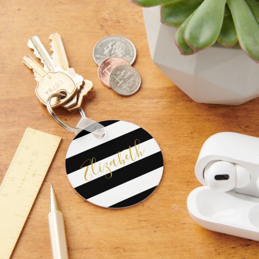 Elegant Zwart-Wit Strepen Goud Naam Script Sleutelhanger (Bureau)