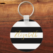 Elegant Zwart-Wit Strepen Goud Naam Script Sleutelhanger (Voorkant)