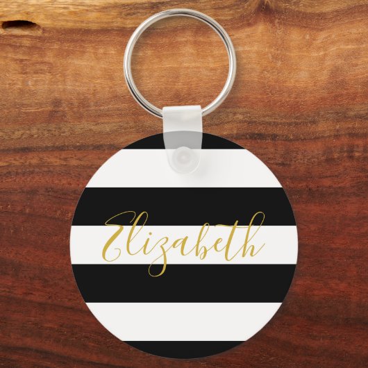 Elegant Zwart-Wit Strepen Goud Naam Script Sleutelhanger (Voorkant)