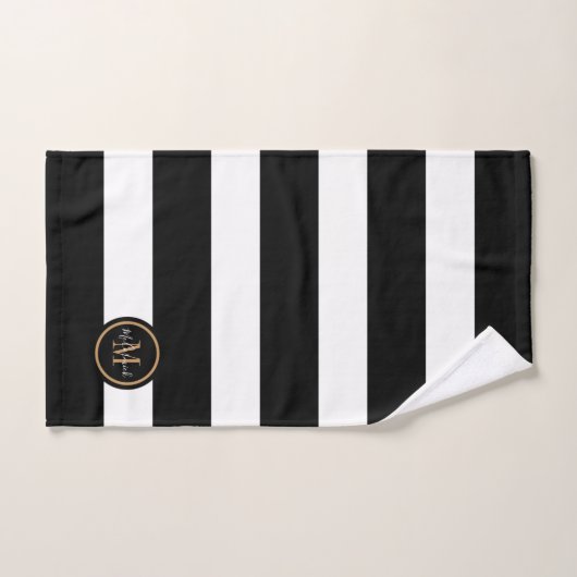 Elegant Zwart Wit Strepen Luxe Goud Monogram Bad Handdoek (Handdoek)