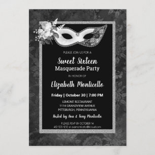 Elegant zwart/wit Sweet 16 Masquerade Party Kaart