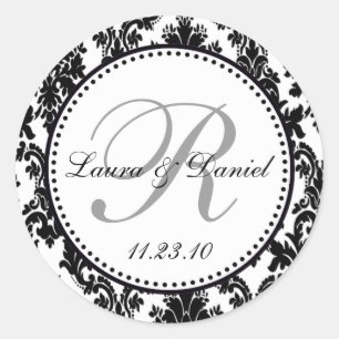 Elegant Zwart Wit Zilver Damast Bruiloft Ronde Sticker