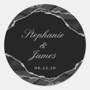 Elegant Zwart Wit Zilver Folie Agate Huwelijk Ronde Sticker