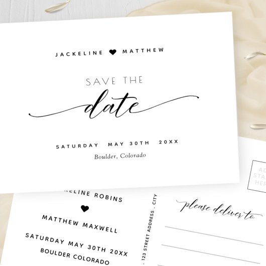 Elegant zwart-witscript bruiloft bewaart de datum briefkaart