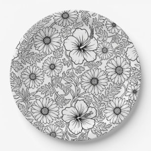 Elegant Zwart Witte Bloem Lijn Kunst Patroon (4) Papieren Bordje