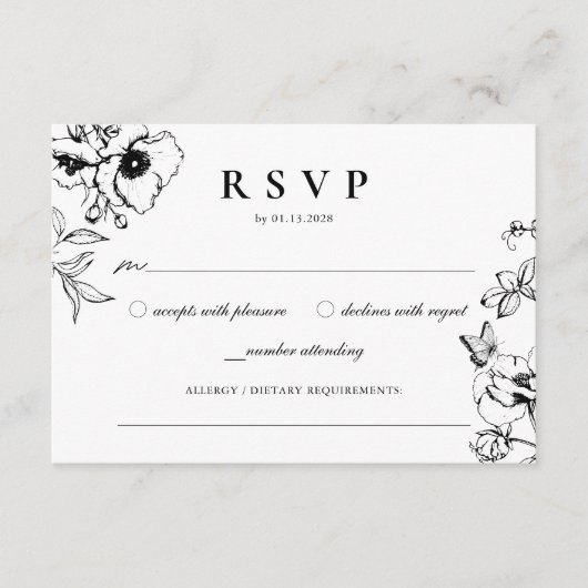 Elegant Zwart | Witte bloementuin bruiloft RSVP Informatiekaartje (Voorkant)