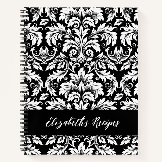 Elegant Zwart Witte Damast Recept Notitieboek (Voorkant)