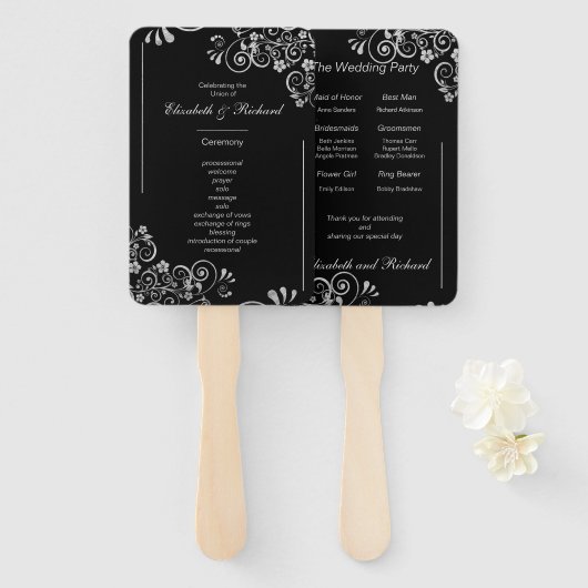 Elegant zwart zilver bruiloft ceremonie programma handwaaier (Voorkant en achterkant)