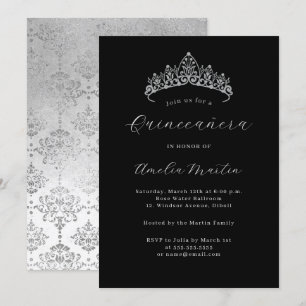 Elegant Zwart Zilver Damask Tiara Quinceanera Kaart