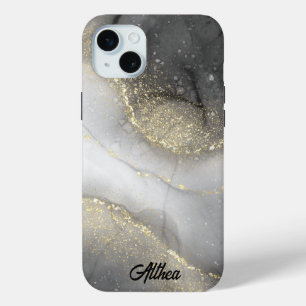 Elegant zwart zilver goud gemarmerd iPhone 15 mini hoesje