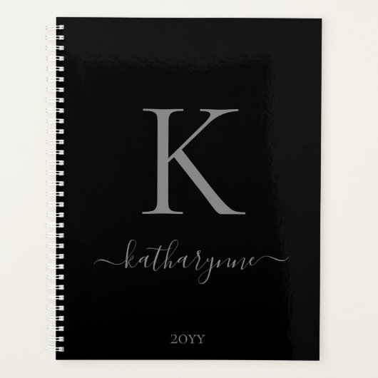 Elegant Zwart Zilver Monogram Naam Planner (Voorkant)