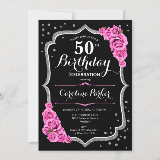 Elegant Zwart Zilver Roze Foto 50e Verjaardag Kaart (Voorkant)