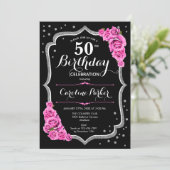 Elegant Zwart Zilver Roze Foto 50e Verjaardag Kaart (Staand voorkant)