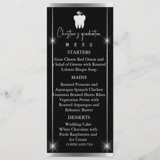 Elegant Zwart Zilver Sparkle Tandheelkundig Afstud Menu (Voorkant)
