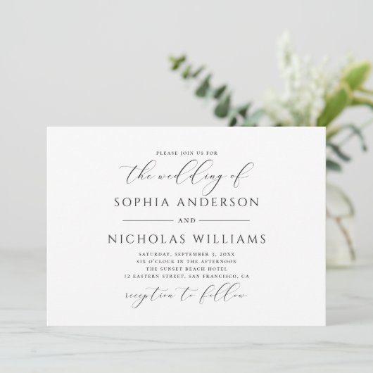 Elegant zwarte en witte kalligrafie script bruilof kaart (Staand voorkant)