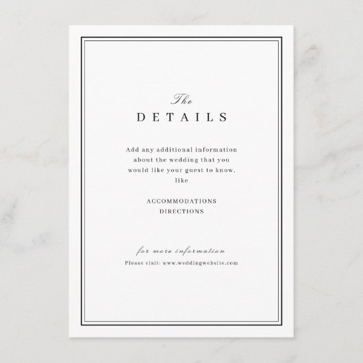 Elegant zwarte en witte minimalistische trouwdetai informatiekaartje (Voorkant)