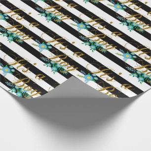 Elegant zwarte en witte strepen met blauwe Floral Cadeaupapier