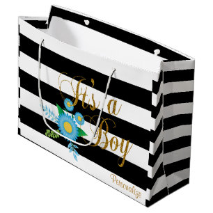 Elegant zwarte en witte strepen met blauwe Floral Large Cadeauzakje