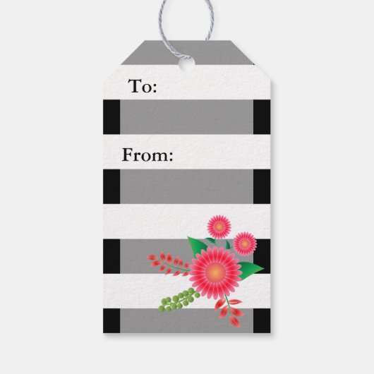 Elegant zwarte en witte strepen met roze Floral Cadeaulabel (Achterkant)