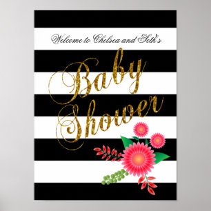 Elegant zwarte en witte strepen met roze Floral Poster