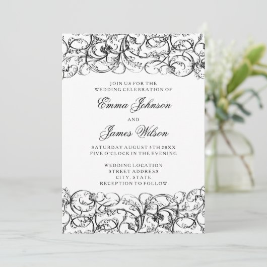 Elegant zwarte en witte zirls trouwuitnodiging kaart (Staand voorkant)