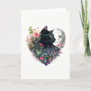 Elegant zwarte kat in gemengde bloemen Valentijnsd Feestdagen Kaart