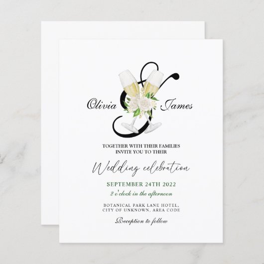 Elegant zwarte witte champagne Uitnodiging (Voorkant / Achterkant)