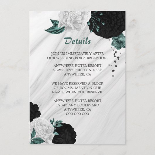 Elegant zwarte witte en blauwgroen bloemen, omhein informatiekaartje (Voorkant)