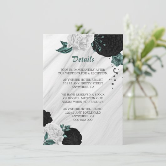 Elegant zwarte witte en blauwgroen bloemen, omhein informatiekaartje (Staand voorkant)