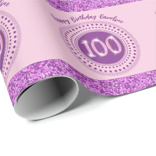Elegante 100e verjaardag roze glitter met strepen cadeaupapier