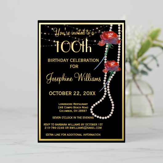 Elegante 100e verjaardag Zwart ECHT Goud Folie Uitnodiging (Staand Voorkant)