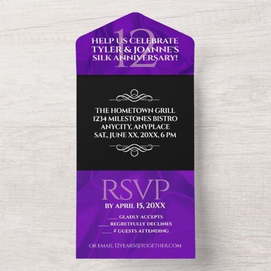 Elegante 12e zijden huwelijksjubileumviering all in one uitnodiging (Binnen)