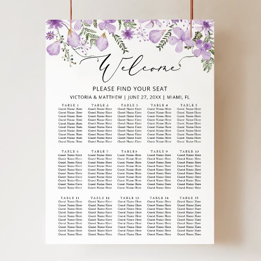 Elegante 15 Tafels Paarse Bruiloft Zitplaatsen Poster