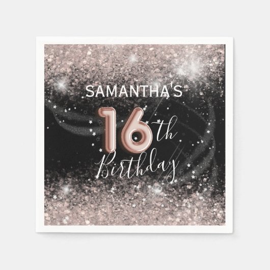 Elegante 16e verjaardag Pink Glitter & Black Party Servet (Voorkant)