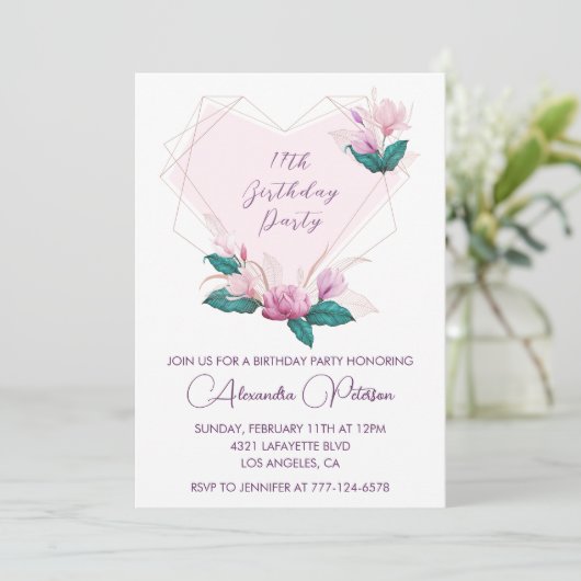 Elegante 17e verjaardag uitnodigingen Roze bloemen (Staand voorkant)