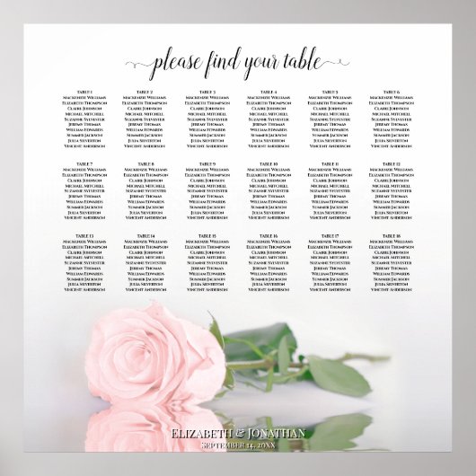 Elegante 18 tafel roze roos bruiloft zitplaatskaar poster (Voorkant)
