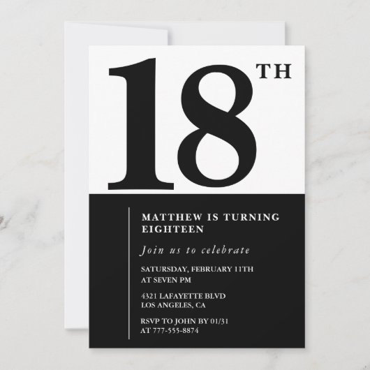 Elegante 18e verjaardag uitnodiging Black Chic Mod (Voorkant)