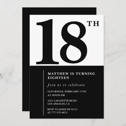 Elegante 18e verjaardag uitnodiging Black Chic Mod (Voorkant / Achterkant)
