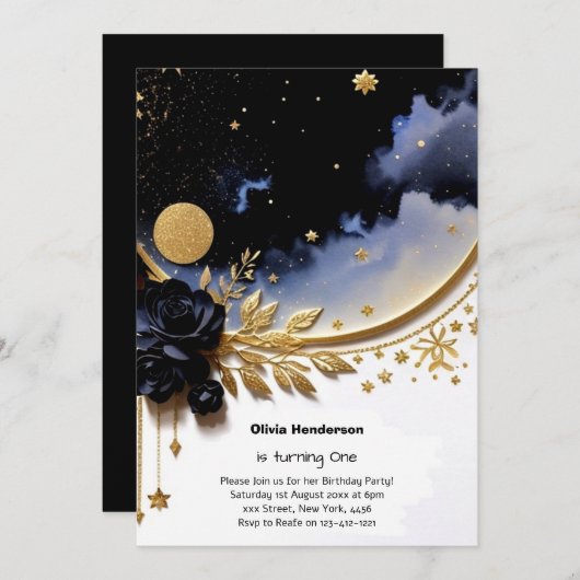 Elegante 1e verjaardag uitnodiging (Voorkant / Achterkant)