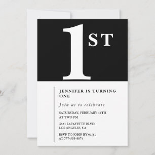 Elegante 1e verjaardagsuitnodiging Zwart Wit Meisj Kaart