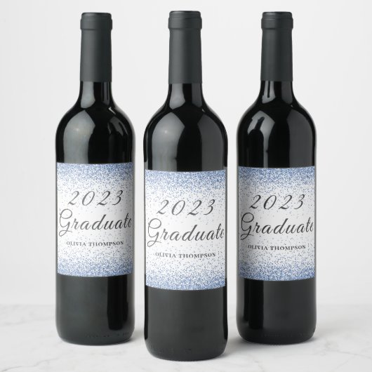 Elegante 2023 afstudeerblauw glitters wijn etiket (Flessen)