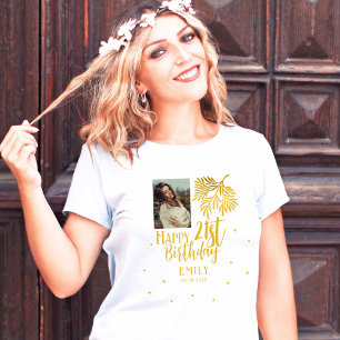 Elegante 21e verjaardag gouden gebladerte fotofees t-shirt