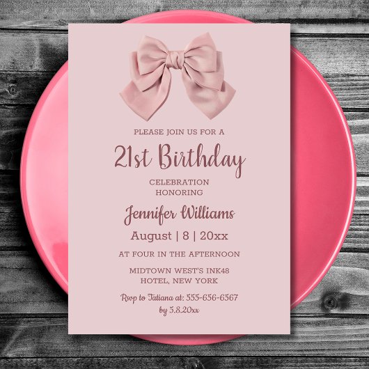 Elegante 21e verjaardag Pink Bow Minimalist Kaart