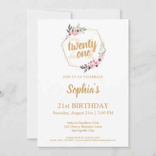 Elegante 21e Verjaardag Uitnodigingen - Bloemen Ch (Voorkant)