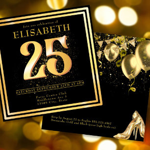 Elegante 25e gouden zwarte verjaardag uitnodiging