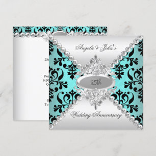 Elegante 25e trouwdag-jubileum theelblauwe damast kaart