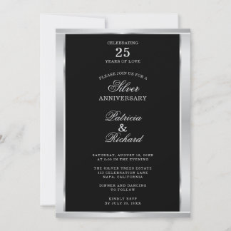 Elegante 25e trouwdag zwart en zilver  kaart