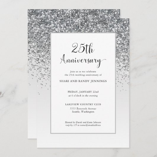 Elegante 25e zilveren glinsterende huwelijksjubile kaart (Voorkant / Achterkant)