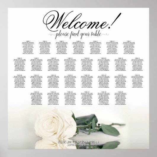 Elegante 29 Tafel Wit Rose Bruiloft Zitgrafiek Poster (Voorkant)