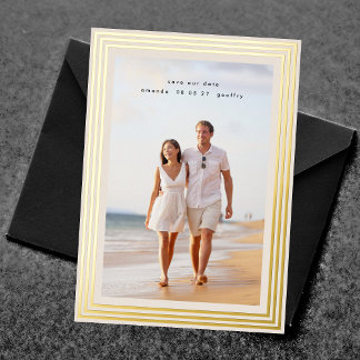 elegante 2 foto save the date minimale gouden lijs folie uitnodiging